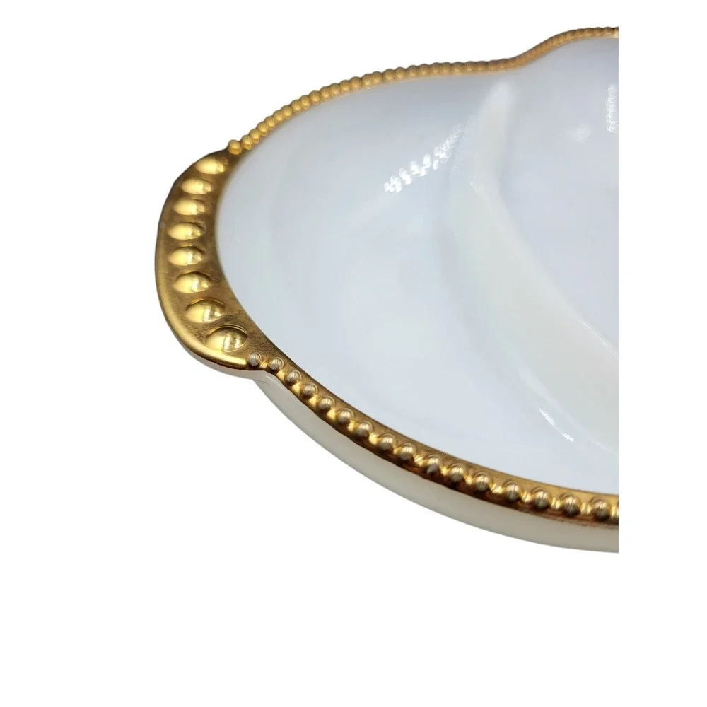 Fire King Anchor Hocking Milk Glass Divided Bright White Dish‎ Gilded Gold Trim